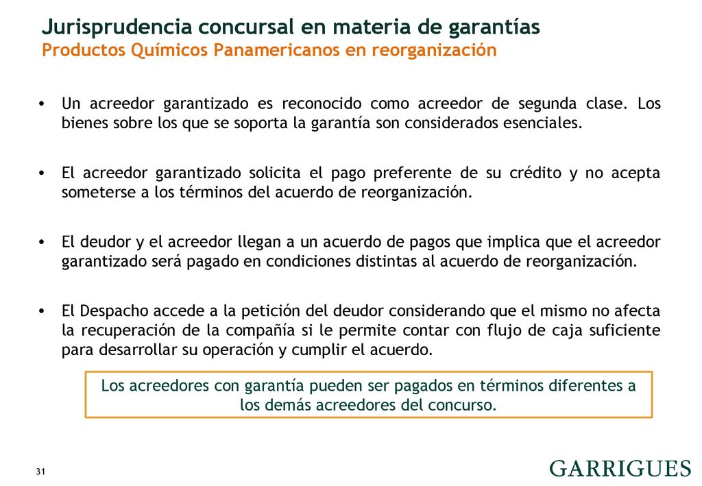 Jurisprudencia concursal en materia de garantías Productos Químicos Panamericanos en reorganización
