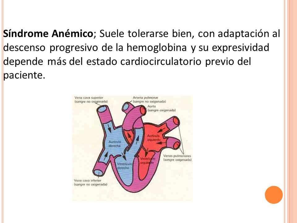 Síndrome Anémico; Suele tolerarse bien, con adaptación al descenso progresivo de la hemoglobina y su expresividad depende más del estado cardiocirculatorio previo del paciente.
