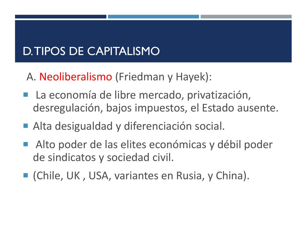 D. Tipos de Capitalismo A. Neoliberalismo (Friedman y Hayek):