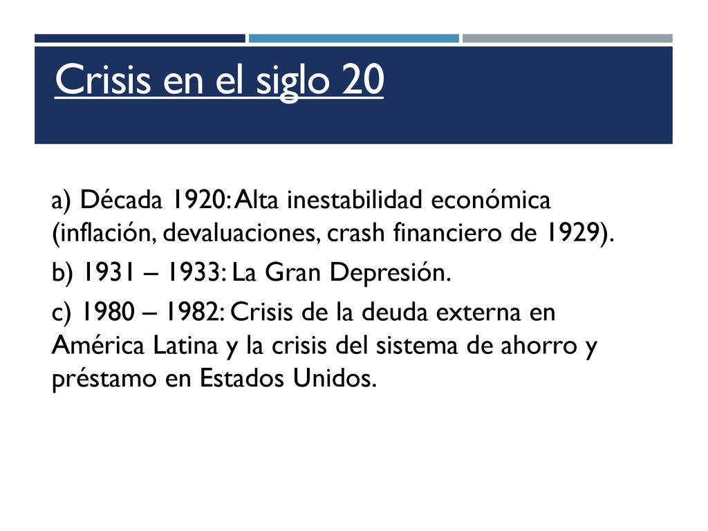 Crisis en el siglo 20 a) Década 1920: Alta inestabilidad económica (inflación, devaluaciones, crash financiero de 1929).