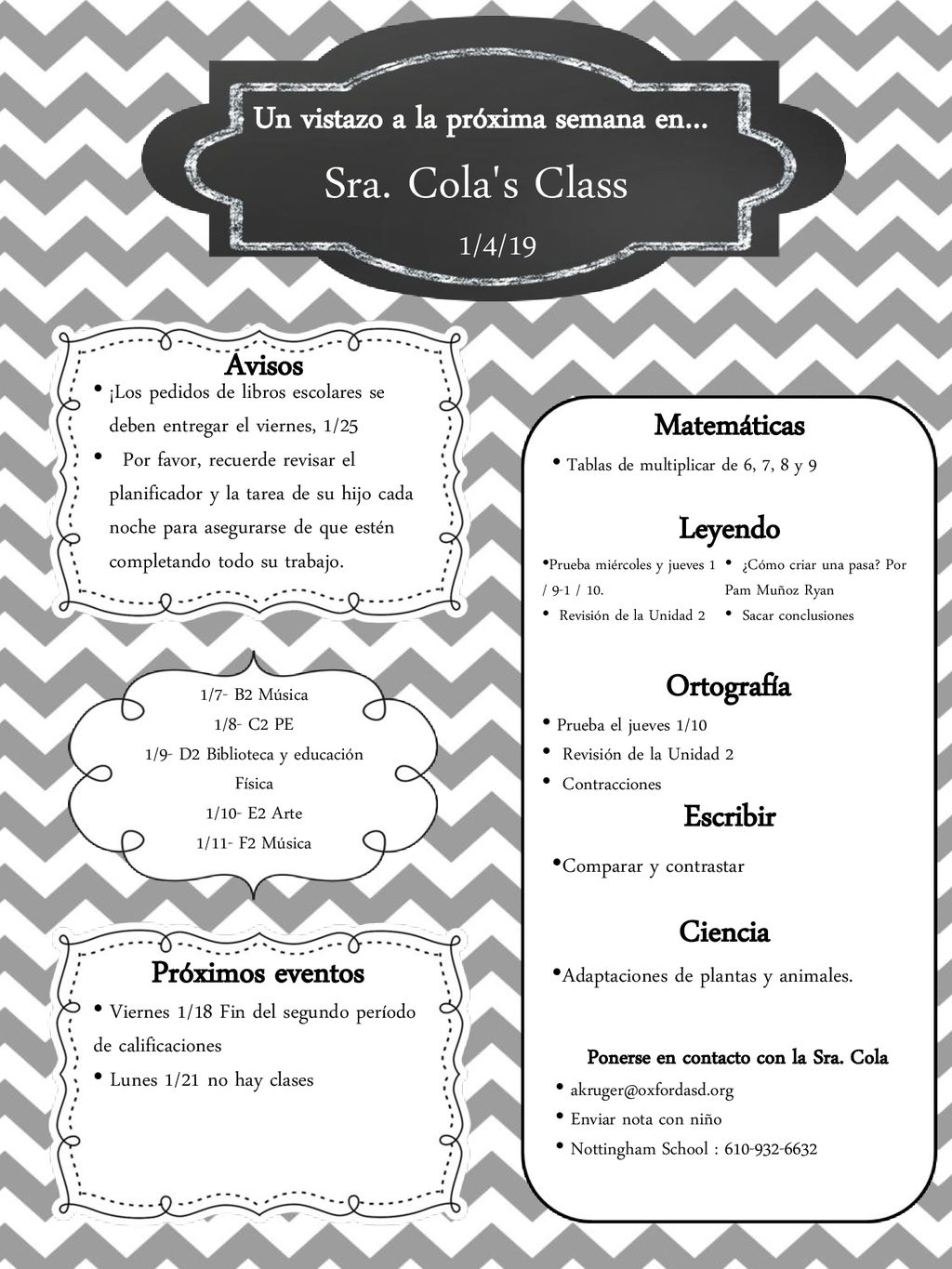 Sra. Cola s Class Un vistazo a la próxima semana en… 1/4/19 Avisos
