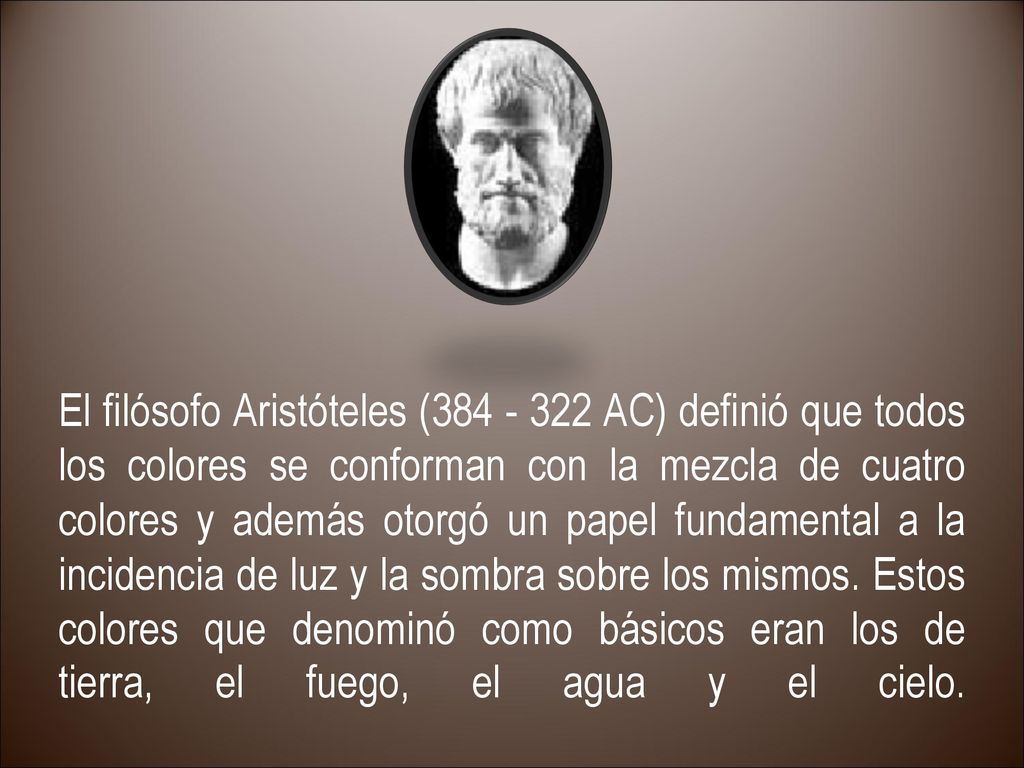 El filósofo Aristóteles ( AC) definió que todos los colores se conforman con la mezcla de cuatro colores y además otorgó un papel fundamental a la incidencia de luz y la sombra sobre los mismos.