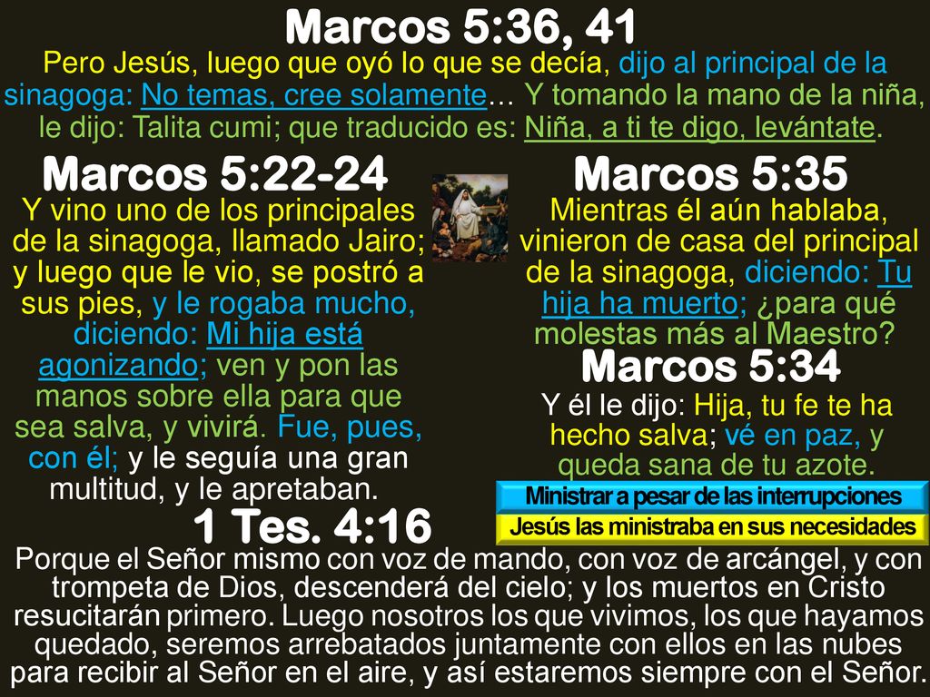 Marcos 5:36, 41 Marcos 5:22-24 Marcos 5:35 1 Tes. 4:16