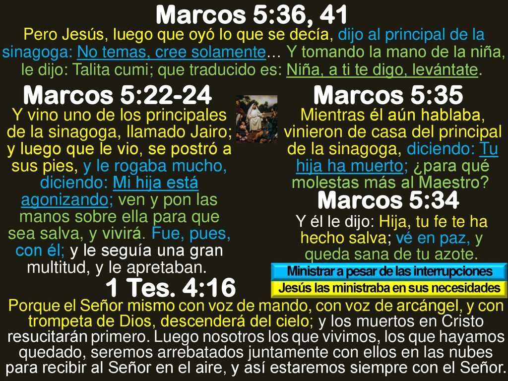 Marcos 5:36, 41 Marcos 5:22-24 Marcos 5:35 1 Tes. 4:16