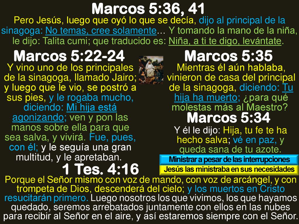 Marcos 5:36, 41 Marcos 5:22-24 Marcos 5:35 1 Tes. 4:16