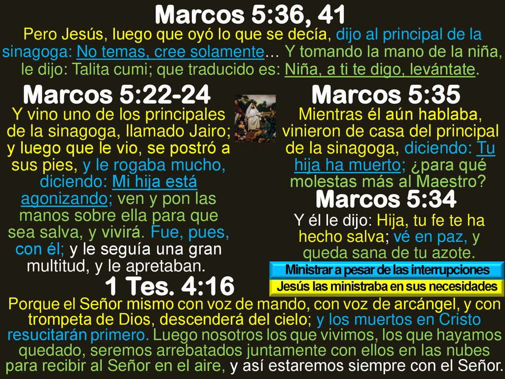 Marcos 5:36, 41 Marcos 5:22-24 Marcos 5:35 1 Tes. 4:16