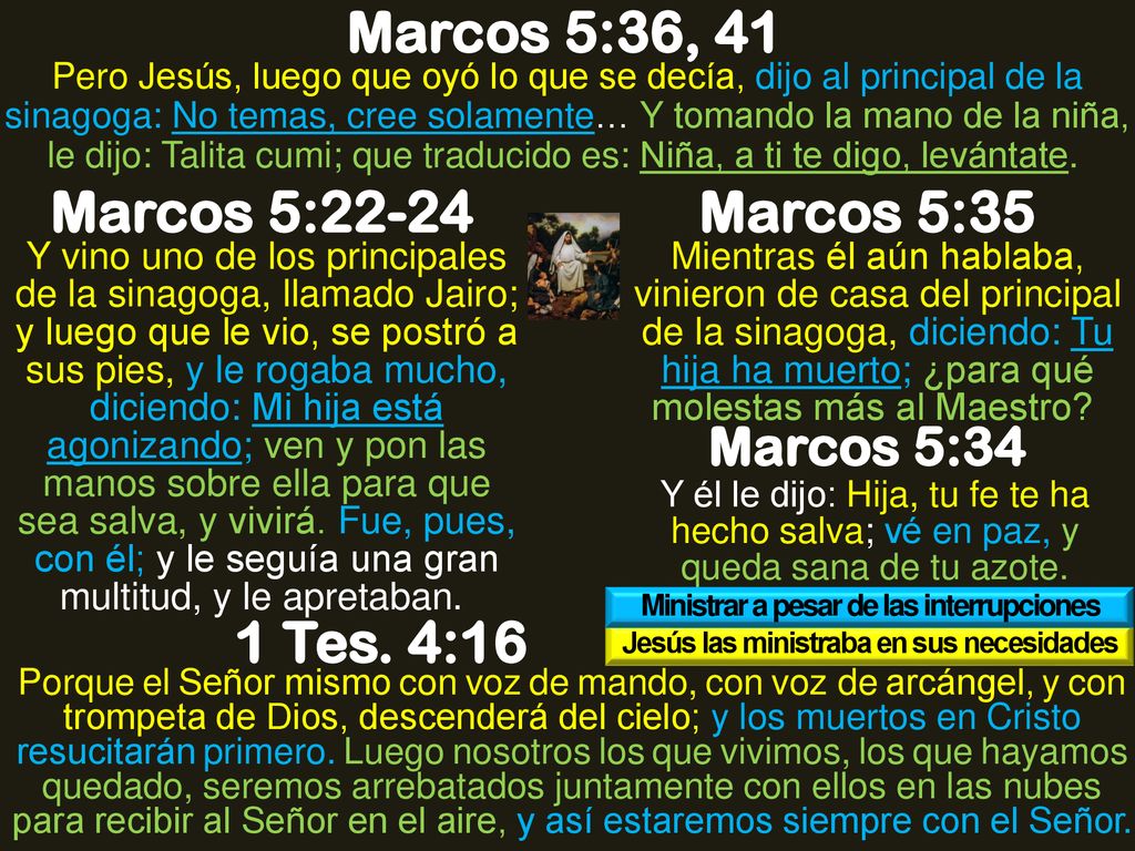 Marcos 5:36, 41 Marcos 5:22-24 Marcos 5:35 1 Tes. 4:16