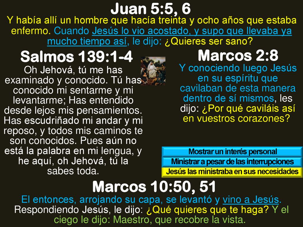 Juan 5:5, 6 Salmos 139:1-4 Marcos 2:8 Marcos 10:50, 51