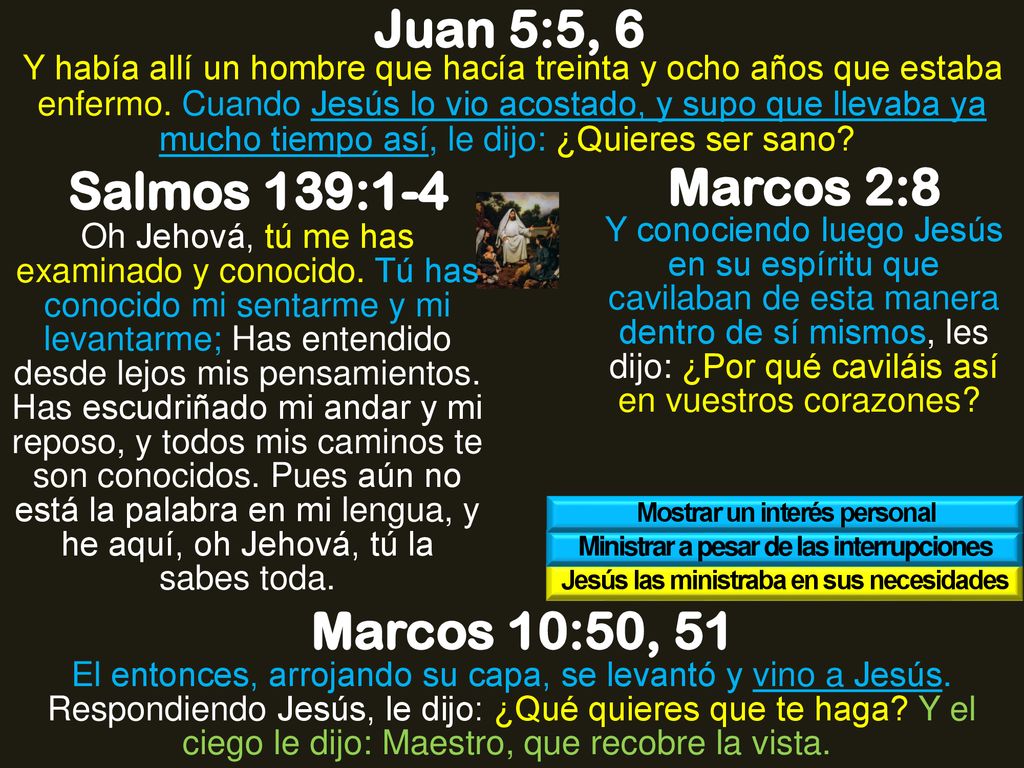 Juan 5:5, 6 Salmos 139:1-4 Marcos 2:8 Marcos 10:50, 51