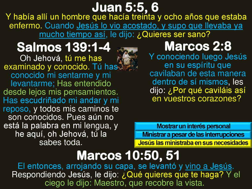 Juan 5:5, 6 Salmos 139:1-4 Marcos 2:8 Marcos 10:50, 51