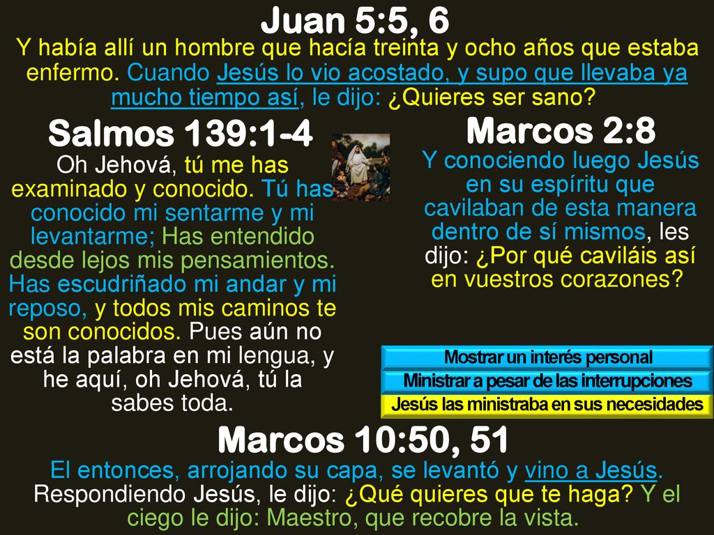 Juan 5:5, 6 Salmos 139:1-4 Marcos 2:8 Marcos 10:50, 51