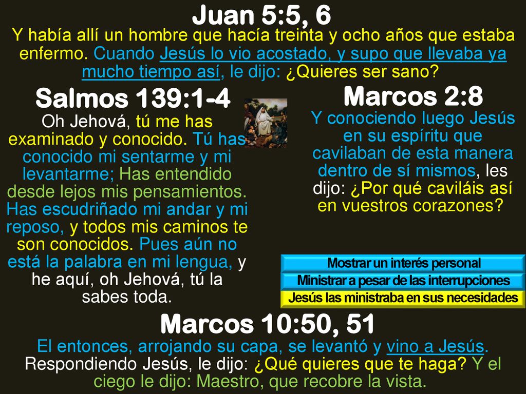 Juan 5:5, 6 Salmos 139:1-4 Marcos 2:8 Marcos 10:50, 51