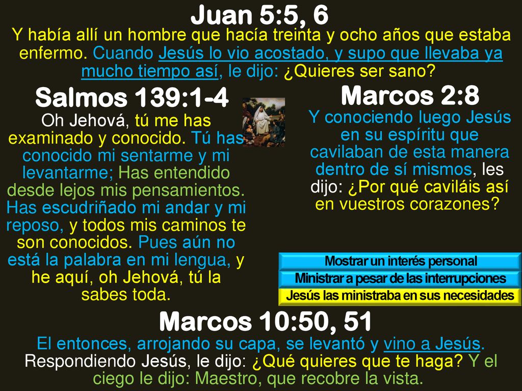Juan 5:5, 6 Salmos 139:1-4 Marcos 2:8 Marcos 10:50, 51