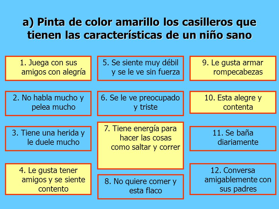 a) Pinta de color amarillo los casilleros que tienen las características de un niño sano