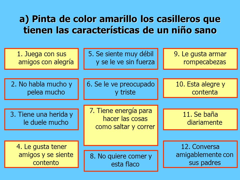 a) Pinta de color amarillo los casilleros que tienen las características de un niño sano