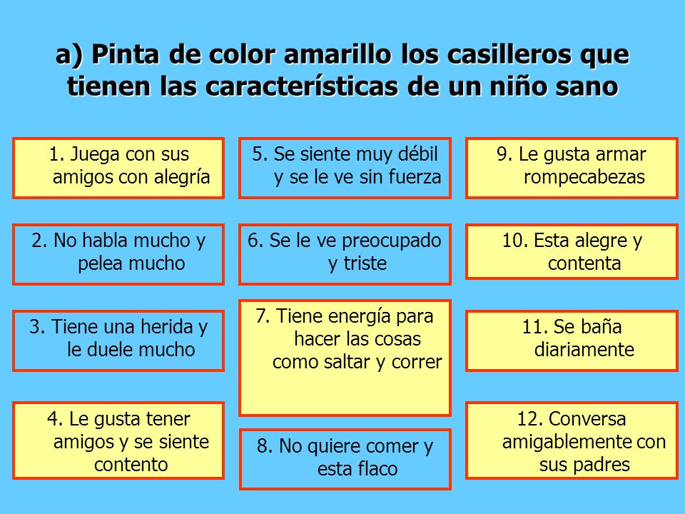 a) Pinta de color amarillo los casilleros que tienen las características de un niño sano