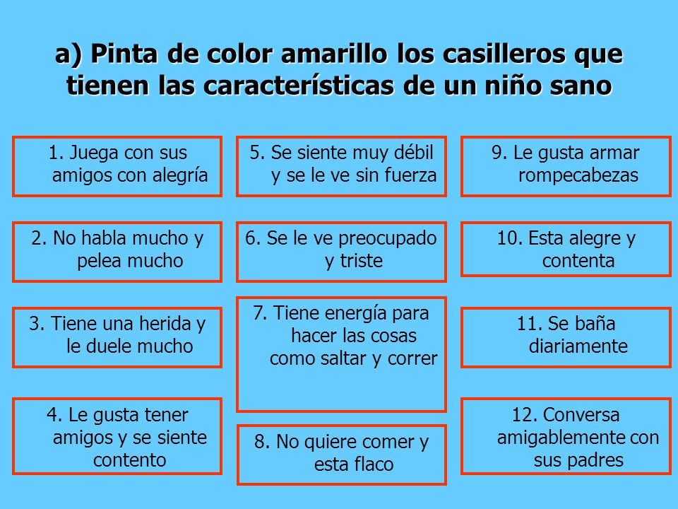 a) Pinta de color amarillo los casilleros que tienen las características de un niño sano