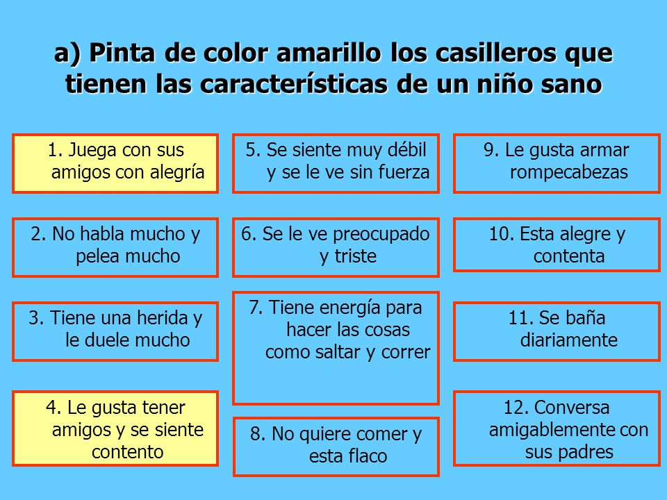 a) Pinta de color amarillo los casilleros que tienen las características de un niño sano