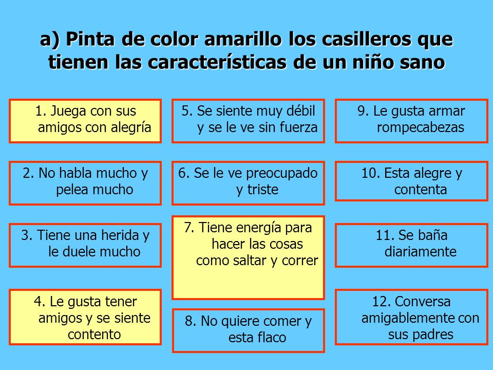 a) Pinta de color amarillo los casilleros que tienen las características de un niño sano
