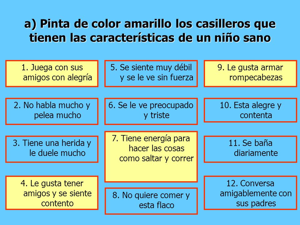 a) Pinta de color amarillo los casilleros que tienen las características de un niño sano