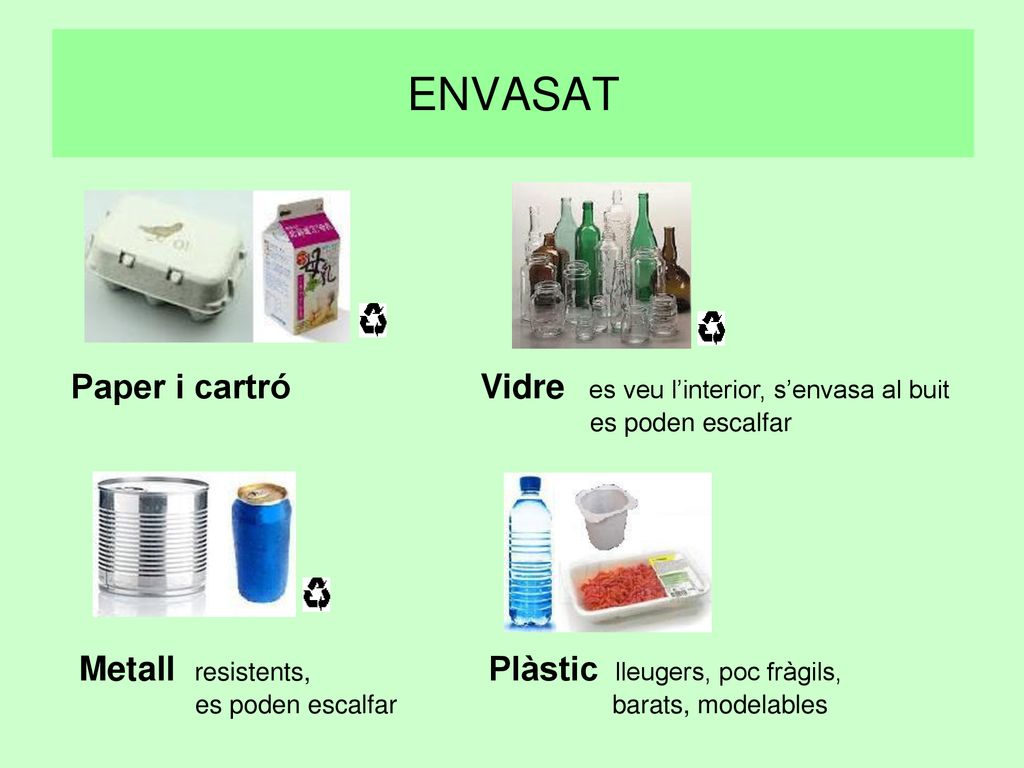 ENVASAT Paper i cartró Vidre es veu l’interior, s’envasa al buit