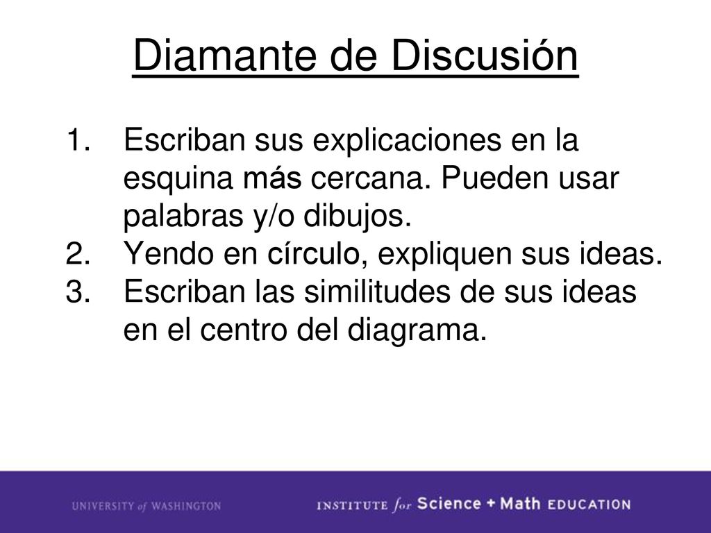 Diamante de Discusión Escriban sus explicaciones en la esquina más cercana. Pueden usar palabras y/o dibujos.
