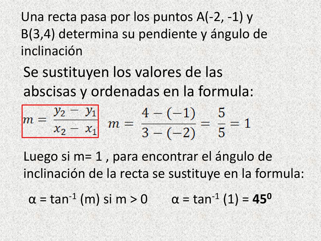Se sustituyen los valores de las abscisas y ordenadas en la formula: