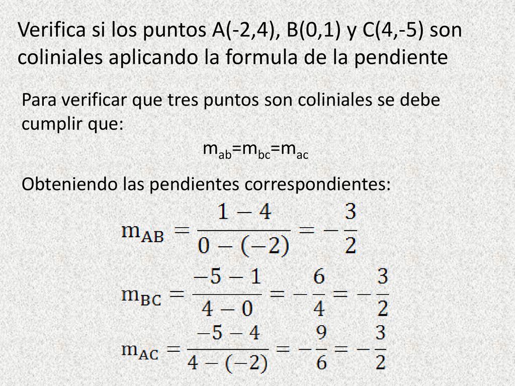 Verifica si los puntos A(-2,4), B(0,1) y C(4,-5) son coliniales aplicando la formula de la pendiente