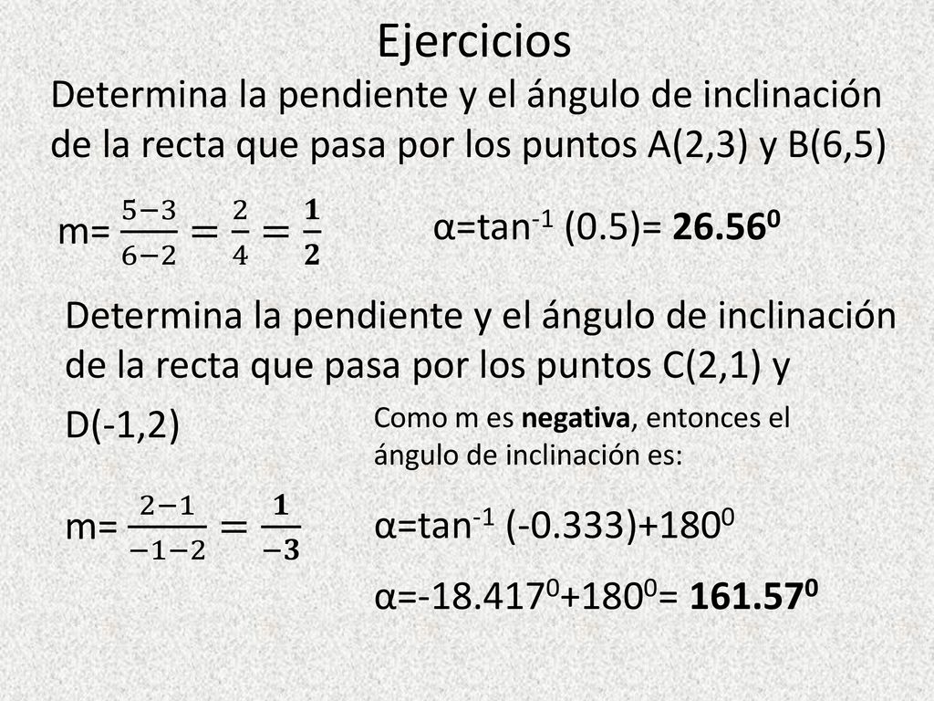 Ejercicios Determina la pendiente y el ángulo de inclinación de la recta que pasa por los puntos A(2,3) y B(6,5)