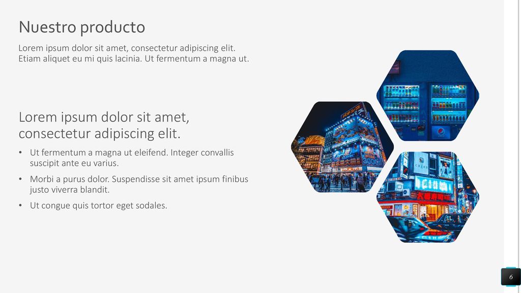 Nuestro producto Lorem ipsum dolor sit amet, consectetur adipiscing elit. Etiam aliquet eu mi quis lacinia. Ut fermentum a magna ut.