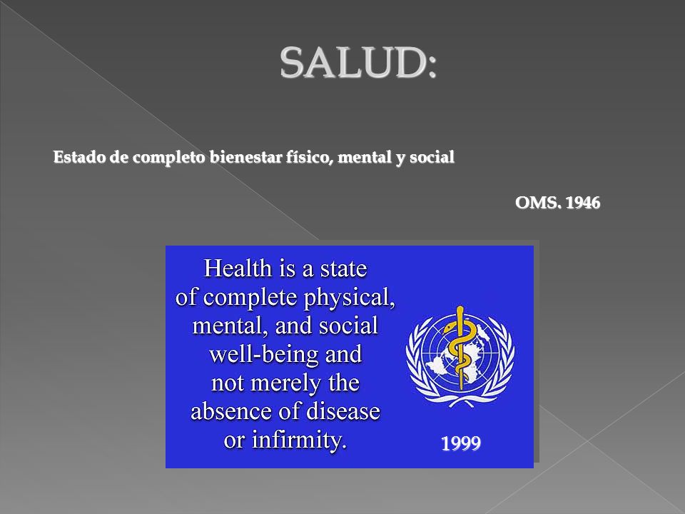 SALUD: 1999 Estado de completo bienestar físico, mental y social