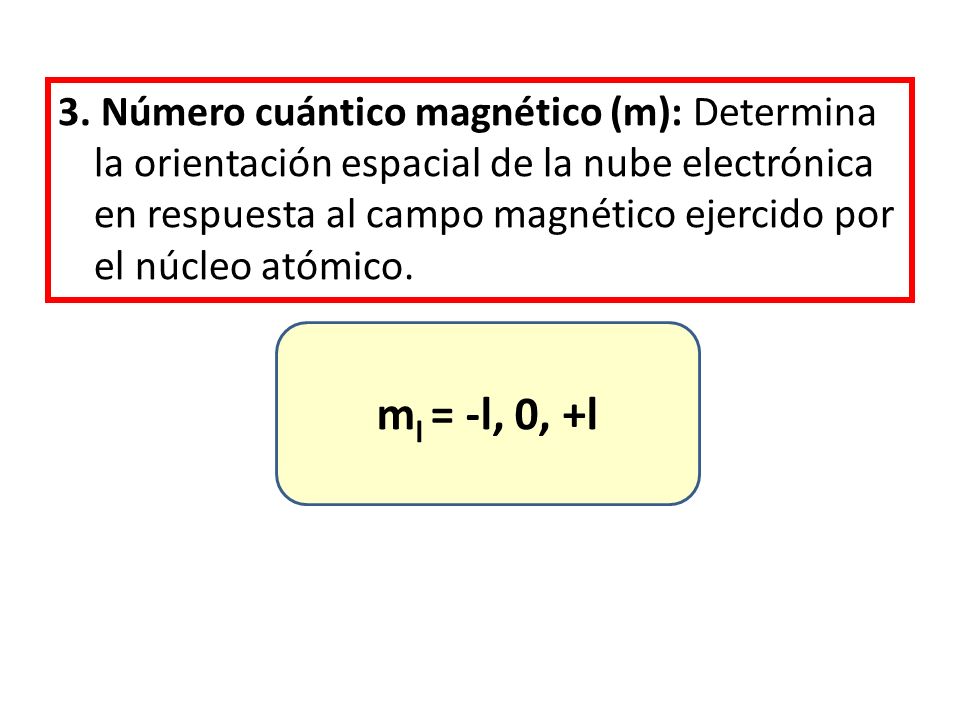 3. Número cuántico magnético (m): Determina la orientación espacial de la nube electrónica en respuesta al campo magnético ejercido por el núcleo atómico.