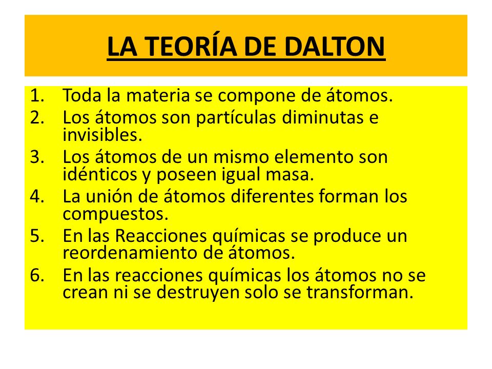 LA TEORÍA DE DALTON Toda la materia se compone de átomos.