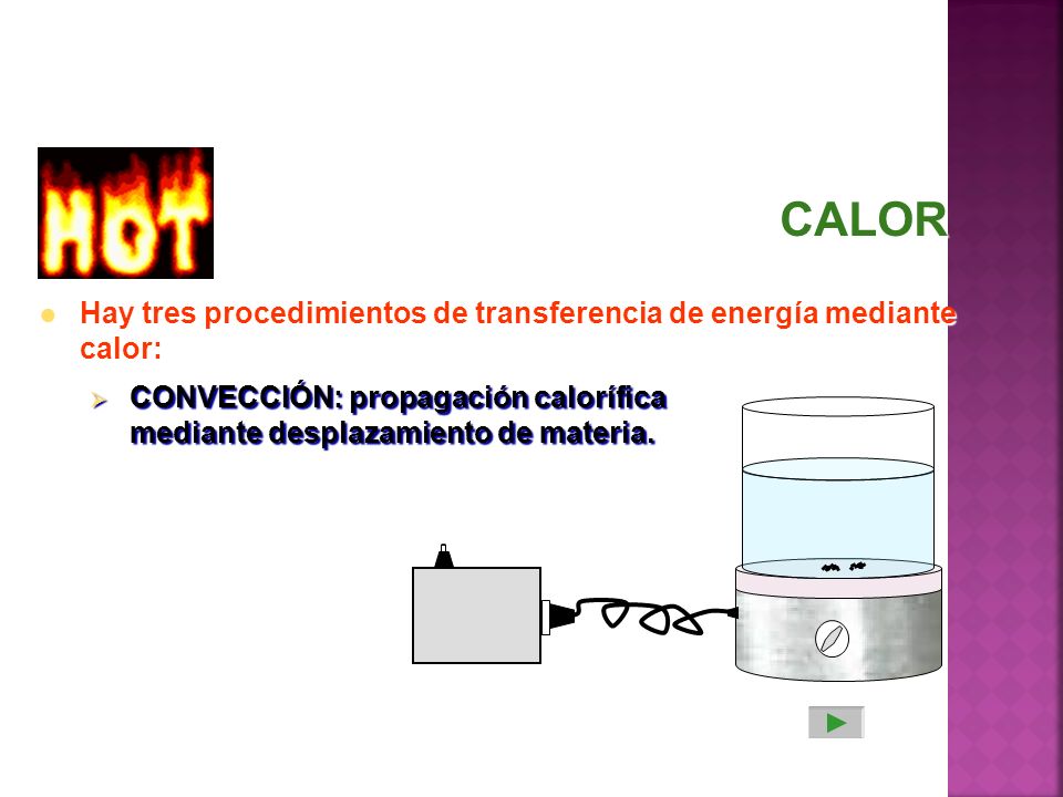 CALOR Hay tres procedimientos de transferencia de energía mediante calor: CONVECCIÓN: propagación calorífica mediante desplazamiento de materia.
