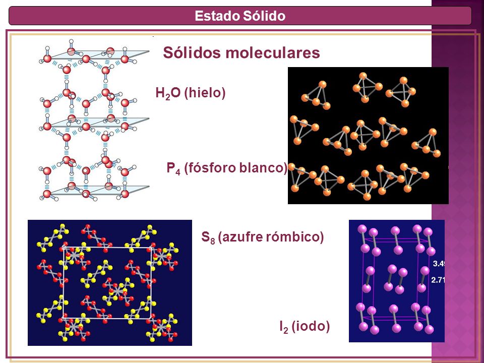 Sólidos moleculares Estado Sólido H2O (hielo) P4 (fósforo blanco)
