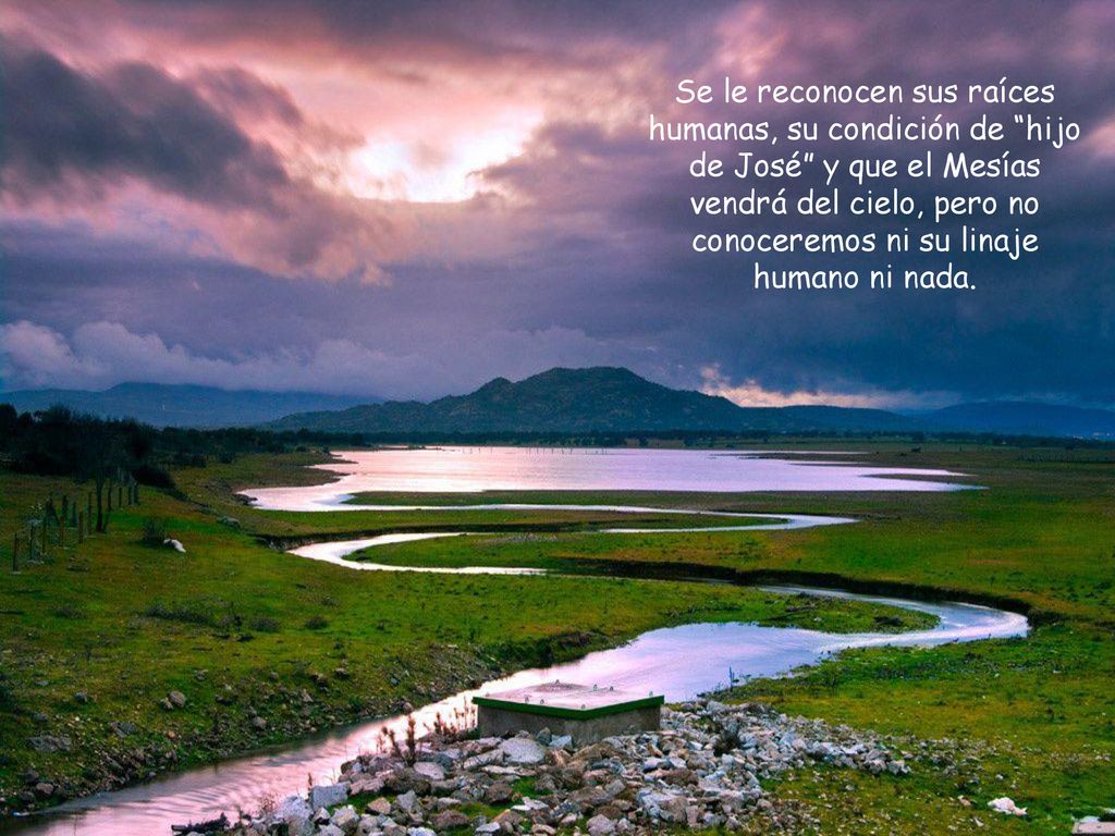 Se le reconocen sus raíces humanas, su condición de hijo de José y que el Mesías vendrá del cielo, pero no conoceremos ni su linaje humano ni nada.
