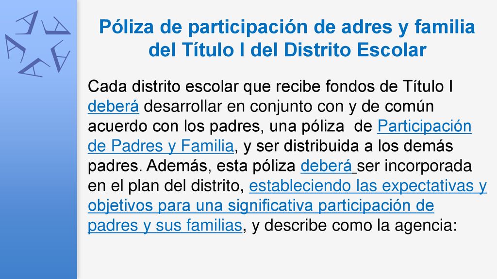Póliza de participación de adres y familia del Título I del Distrito Escolar