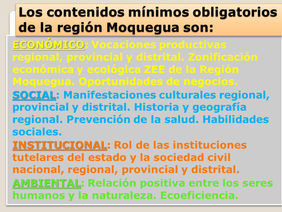 Los contenidos mínimos obligatorios de la región Moquegua son: