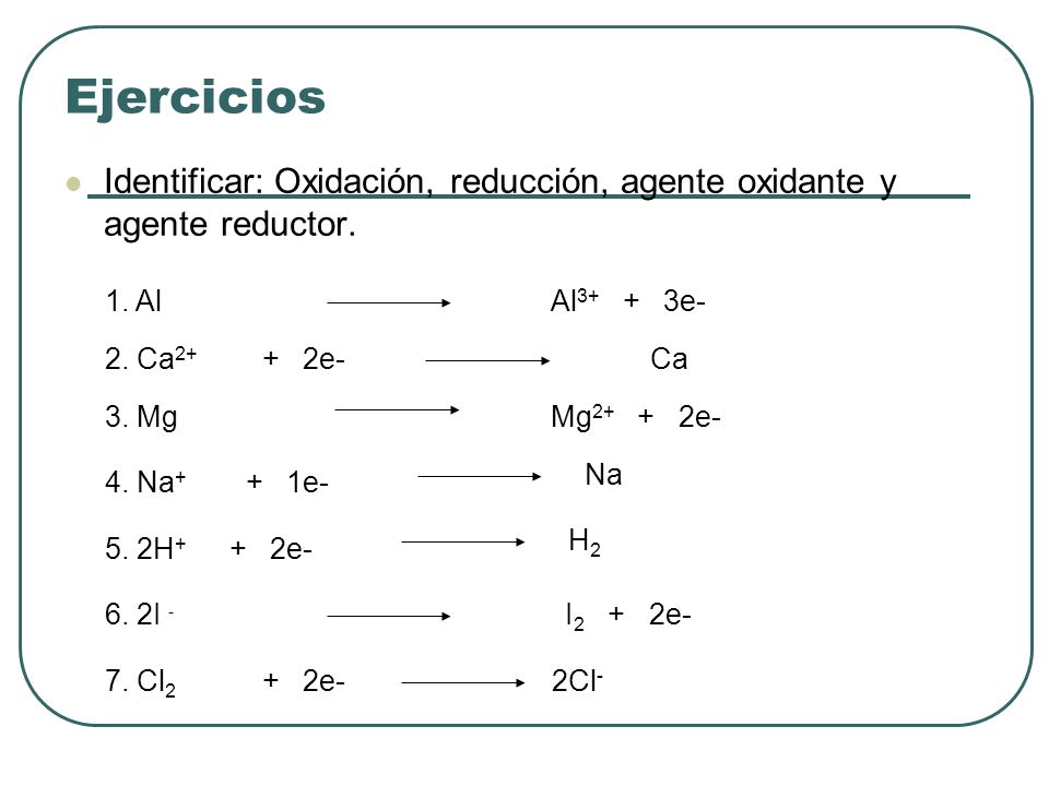 Ejercicios Identificar: Oxidación, reducción, agente oxidante y agente reductor. 1. Al. Al3+ + 3e-