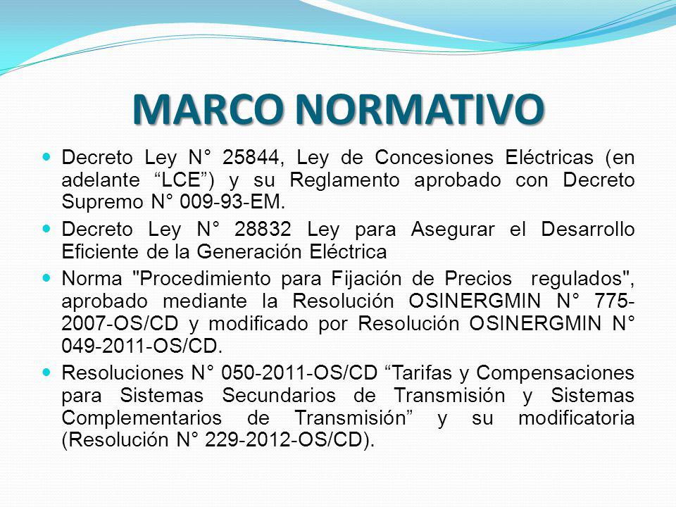 MARCO NORMATIVO Decreto Ley N° 25844, Ley de Concesiones Eléctricas (en adelante LCE ) y su Reglamento aprobado con Decreto Supremo N° EM.