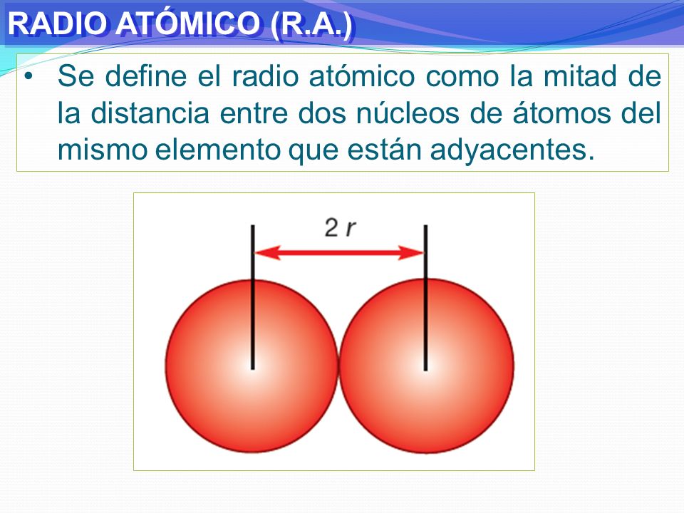 RADIO ATÓMICO (R.A.) Se define el radio atómico como la mitad de la distancia entre dos núcleos de átomos del mismo elemento que están adyacentes.