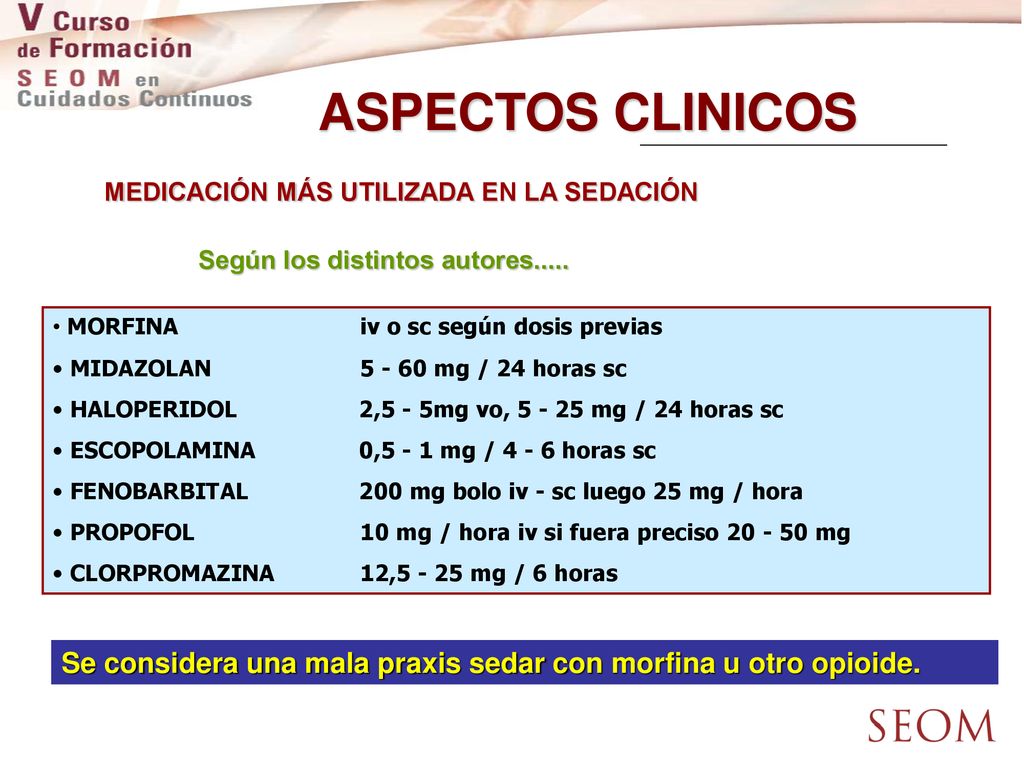 ASPECTOS CLINICOS MEDICACIÓN MÁS UTILIZADA EN LA SEDACIÓN. Según los distintos autores..... MORFINA iv o sc según dosis previas.