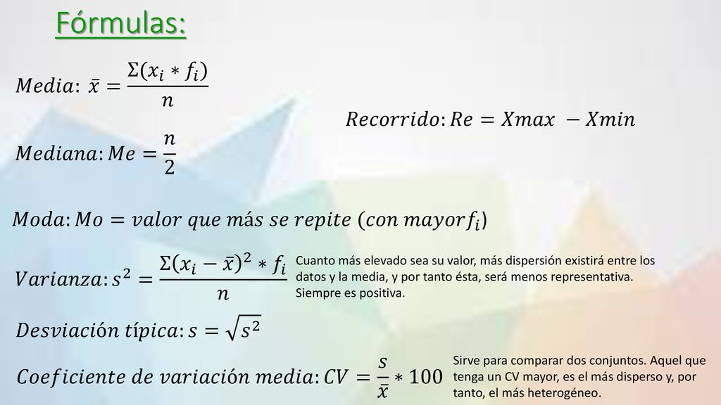 Fórmulas: 𝑀𝑒𝑑𝑖𝑎: 𝑥 = Ʃ( 𝑥 𝑖 ∗ 𝑓 𝑖 ) 𝑛 𝑅𝑒𝑐𝑜𝑟𝑟𝑖𝑑𝑜:𝑅𝑒=𝑋𝑚𝑎𝑥 −𝑋𝑚𝑖𝑛