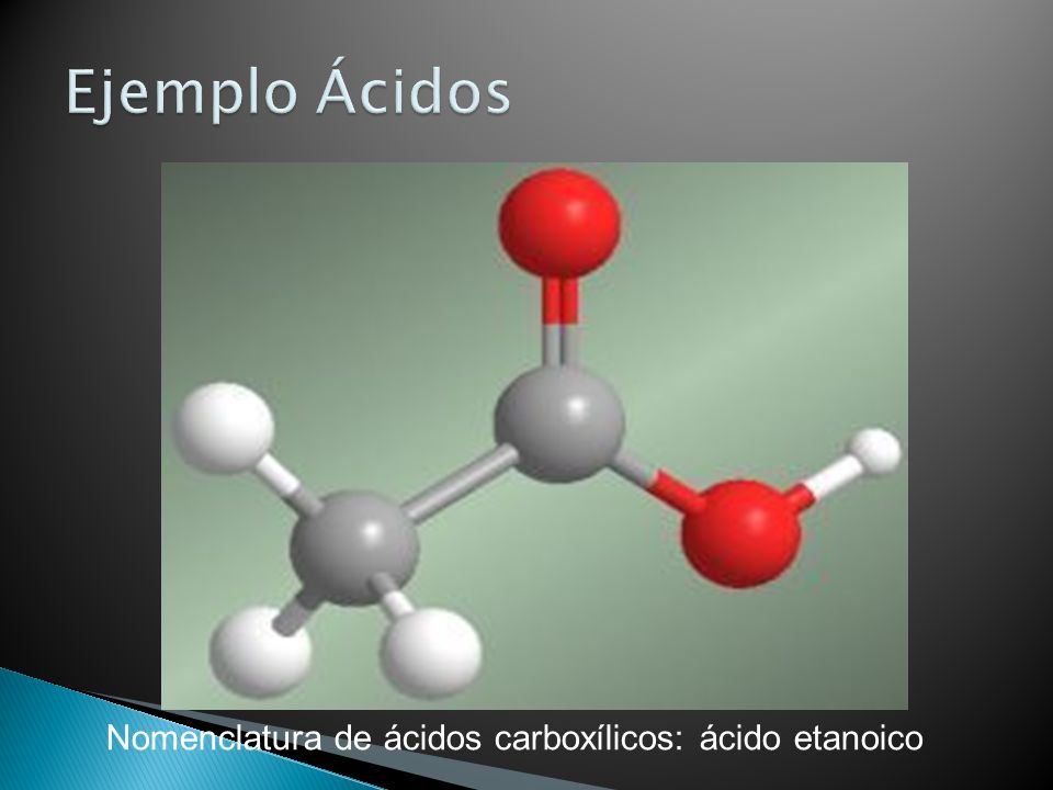 Ejemplo Ácidos Nomenclatura de ácidos carboxílicos: ácido etanoico
