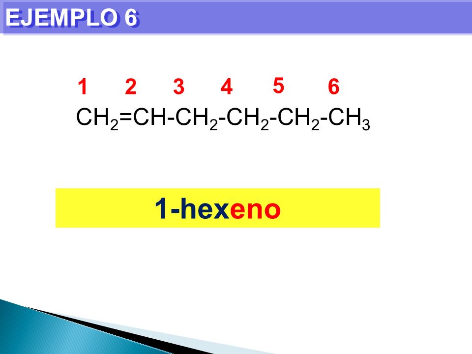 EJEMPLO CH2=CH-CH2-CH2-CH2-CH3 1-hexeno