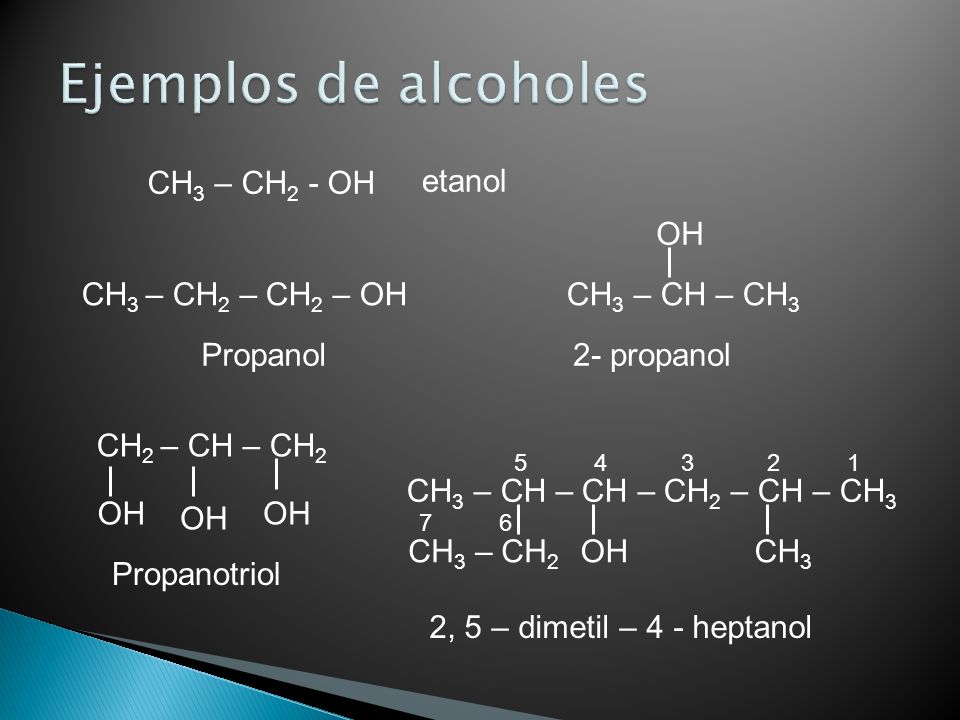 Ejemplos de alcoholes CH3 – CH2 - OH etanol OH