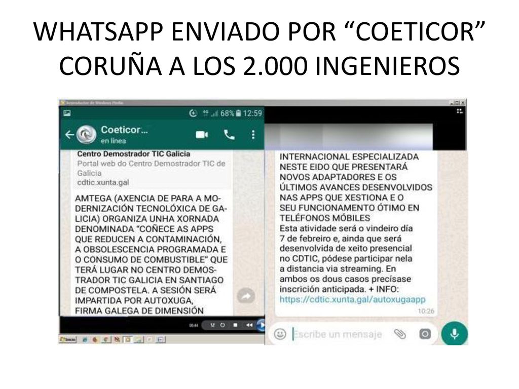 WHATSAPP ENVIADO POR COETICOR CORUÑA A LOS INGENIEROS