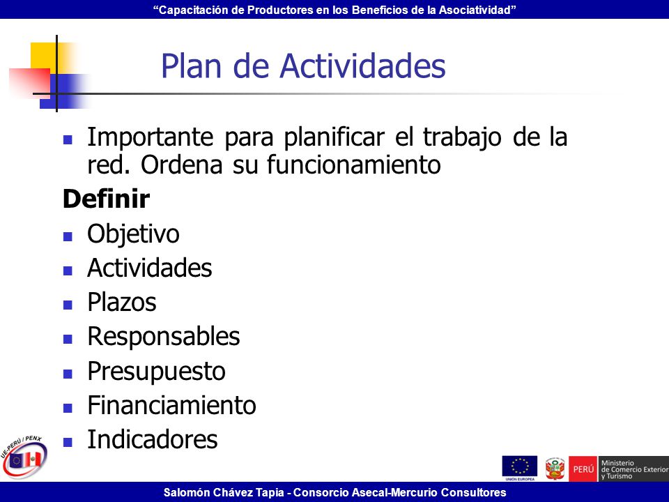 Plan de Actividades Importante para planificar el trabajo de la red. Ordena su funcionamiento. Definir.
