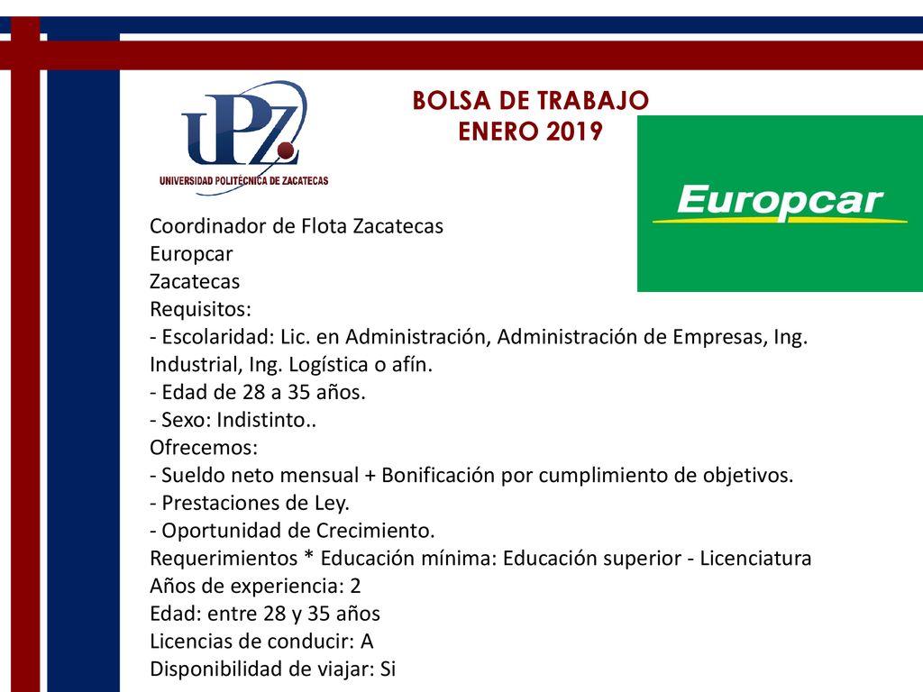 BOLSA DE TRABAJO ENERO 2019 Coordinador de Flota Zacatecas Europcar