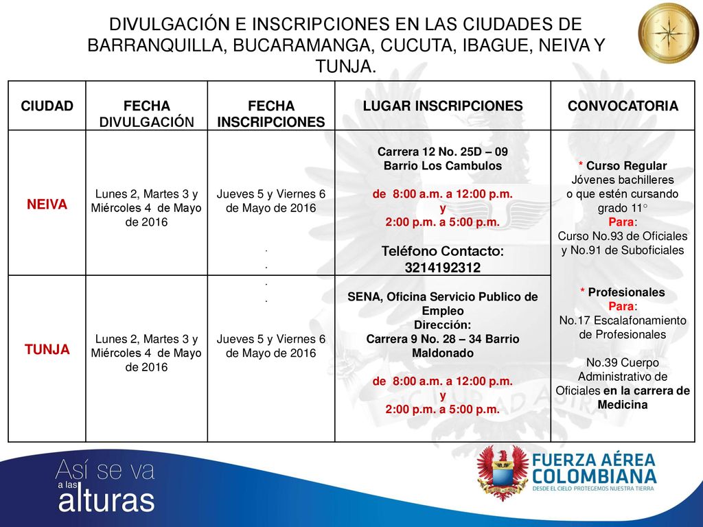 DIVULGACIÓN E INSCRIPCIONES EN LAS CIUDADES DE BARRANQUILLA, BUCARAMANGA, CUCUTA, IBAGUE, NEIVA Y TUNJA.